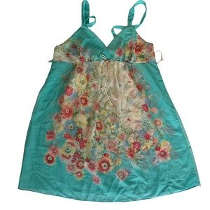 Oscar de la Renta Pink Label Vintage Teal Floral Baby Doll Night Gown Size small